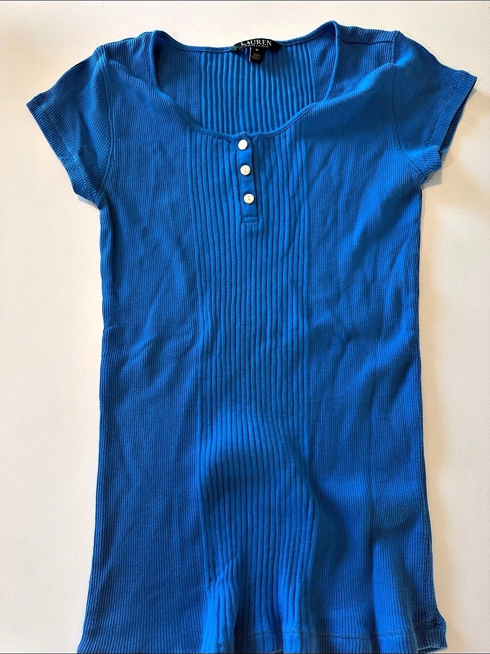 Lauren Ralph Lauren Ribbed Cotton Short Sleeve Top in Blue Size Medium